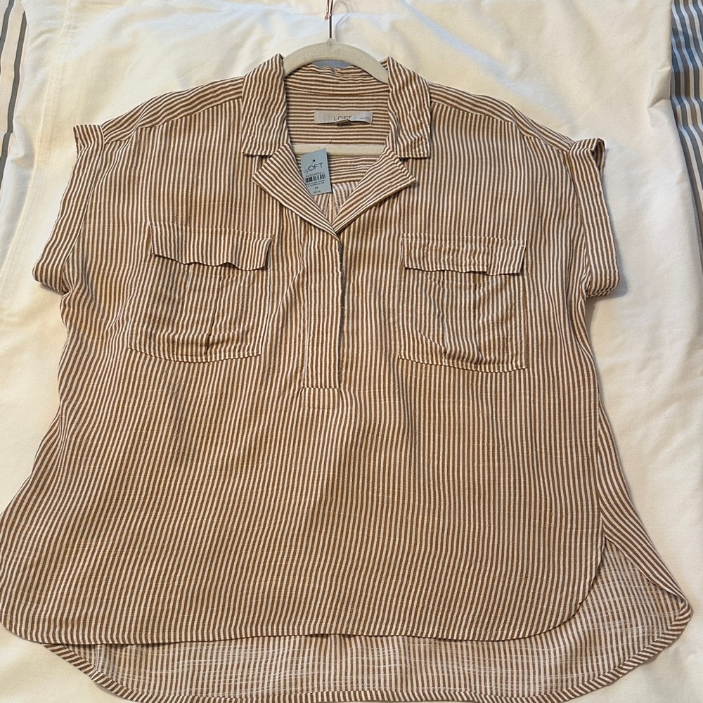 LOFT Tan Striped Button-Down Blouse